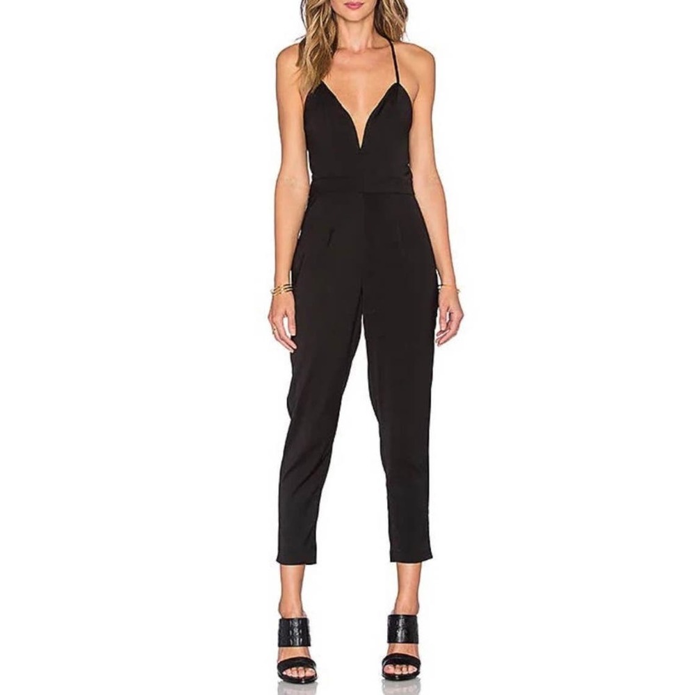 Lovers + Friends Women's Black One-piece Deep V Jumpsuit Skinny Cropped size XS